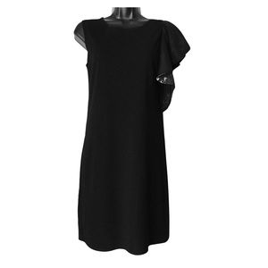Line & Dot Dress Black Sheath Asymmetrical Ruffle